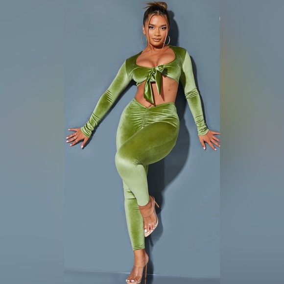 NWT PLT Shape Olive Velvet Tie Front Crop Top with Matching Velvet Tights Size 8 - Picture 2 of 9